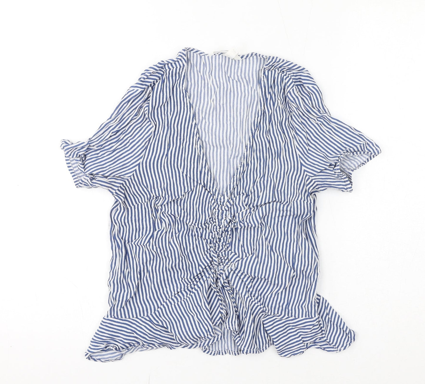 H&M Womens Blue Striped Viscose Basic Blouse Size 8 V-Neck - Rushed Detail