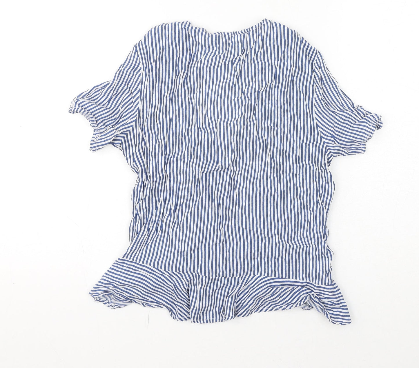 H&M Womens Blue Striped Viscose Basic Blouse Size 8 V-Neck - Rushed Detail