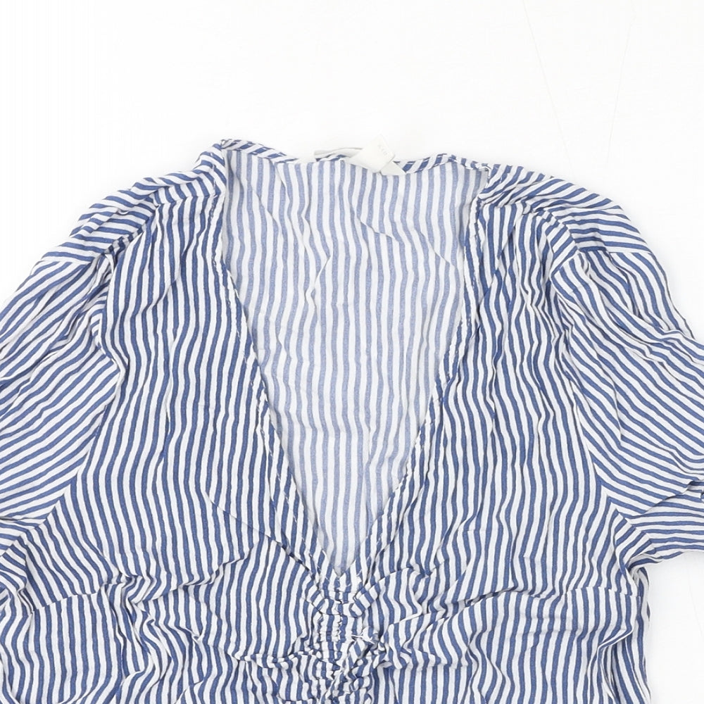 H&M Womens Blue Striped Viscose Basic Blouse Size 8 V-Neck - Rushed Detail