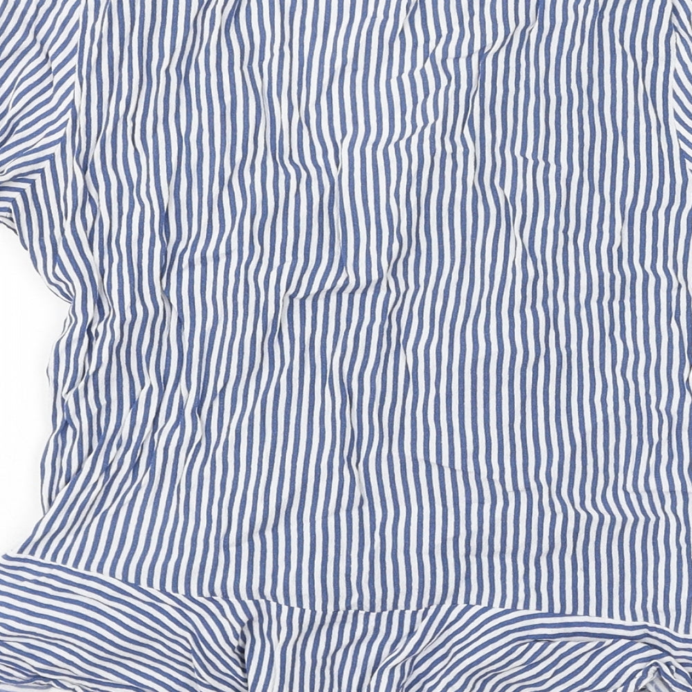 H&M Womens Blue Striped Viscose Basic Blouse Size 8 V-Neck - Rushed Detail