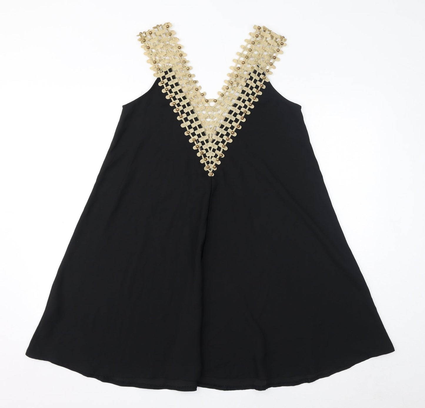 BISOU BISOU Womens Black Polyester Mini Size S V-Neck Pullover - Size S/M, Crochet Details