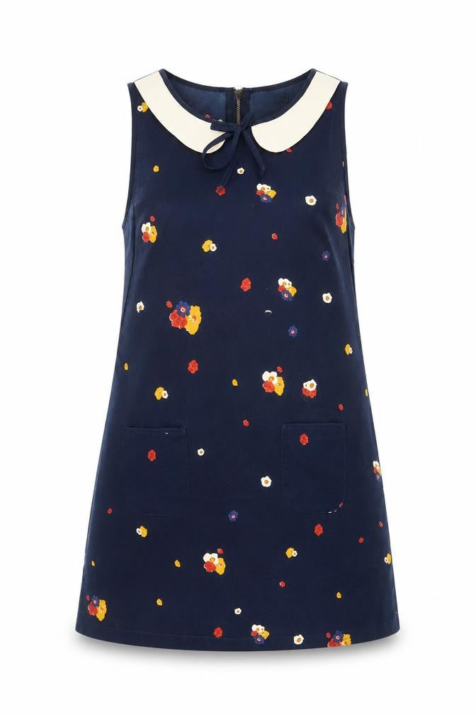 Dotti Womens Blue Floral Polyester A-Line Size 12 Boat Neck Zip - Pockets, Collared