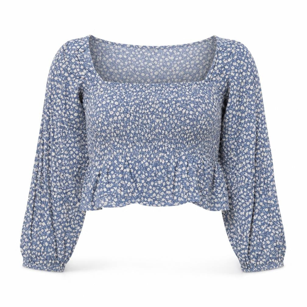 Front view of Pull&Bear girls’ blue floral viscose cropped t-shirt, size S, square neck pullover