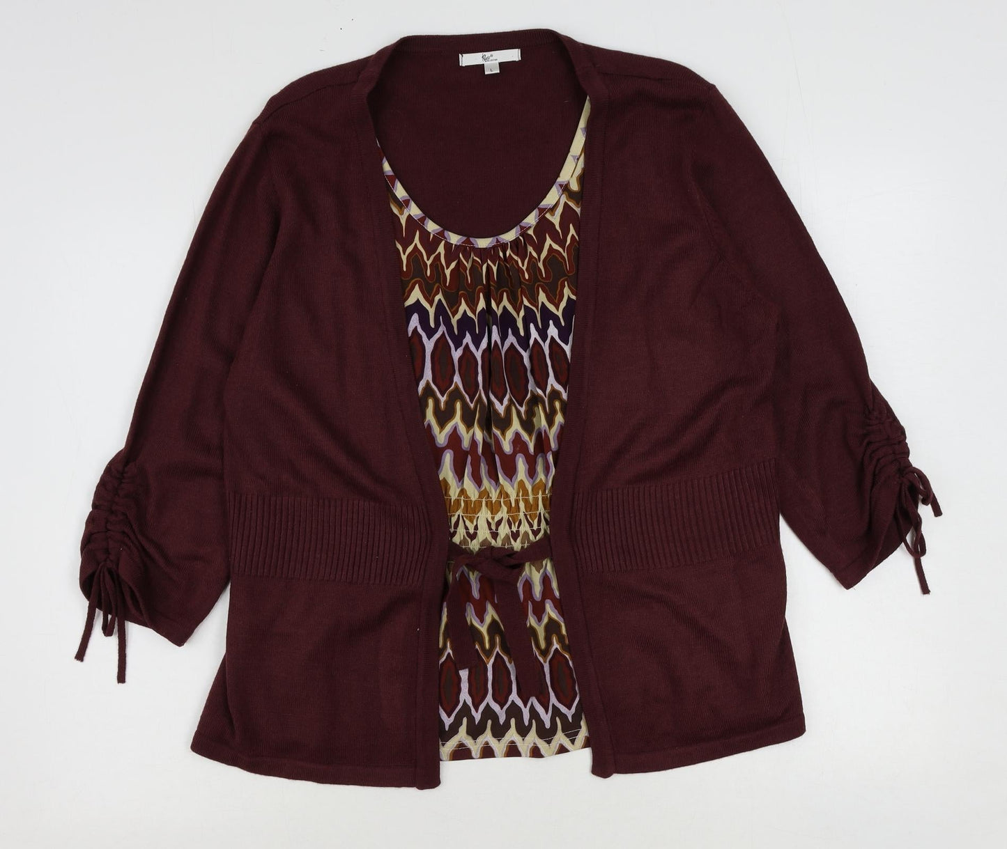 Klass Womens Red Acrylic Basic Blouse Size L Scoop Neck - Cardigan Effect