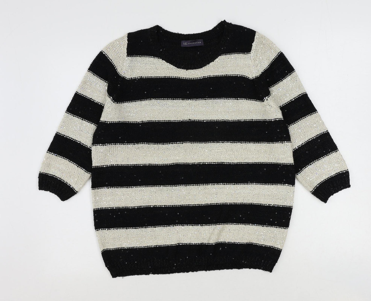 Marks and Spencer Womens Black Round Neck Striped Polyester Pullover Jumper Size 12 - Sequin