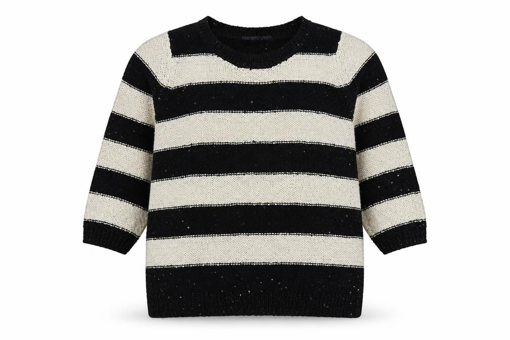 Marks and Spencer Womens Black Round Neck Striped Polyester Pullover Jumper Size 12 - Sequin