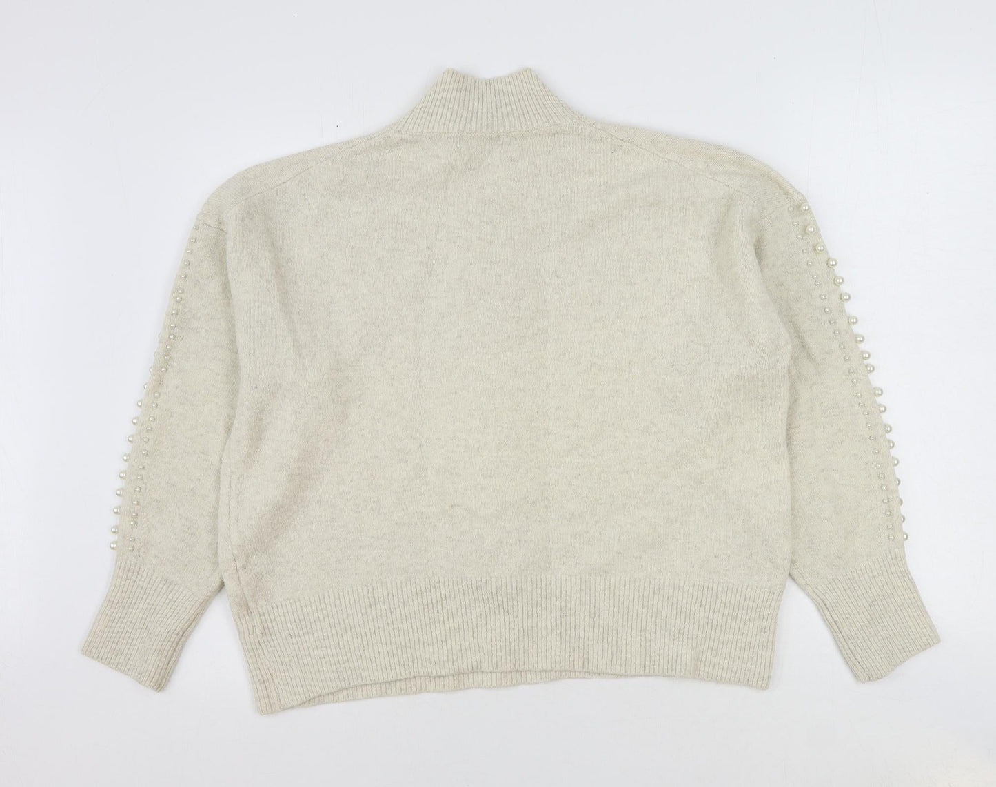 H&M Womens Ivory High Neck Acrylic Pullover Jumper Size M - Beaded