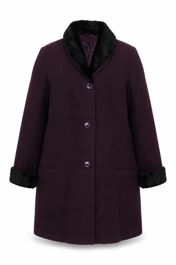 Front view of NuAge women’s purple overcoat coat, size UK 16, button