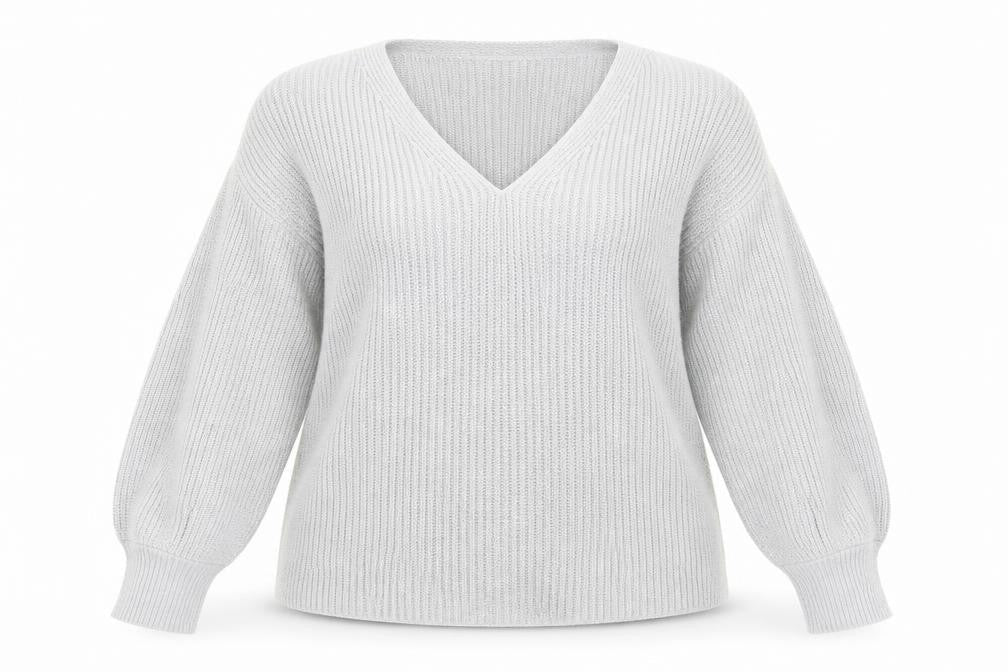 Front view of Miss Selfridge women’s grey v-neck acrylic jumper, size UK 8