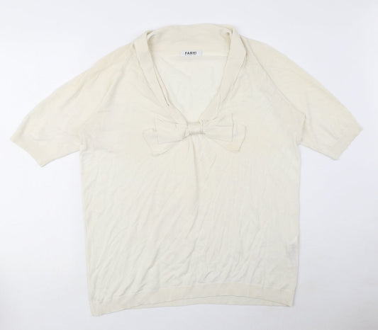 NICOLE FARHI Womens Ivory Viscose Basic Blouse Size M V-Neck - Bow Detail, Sheer