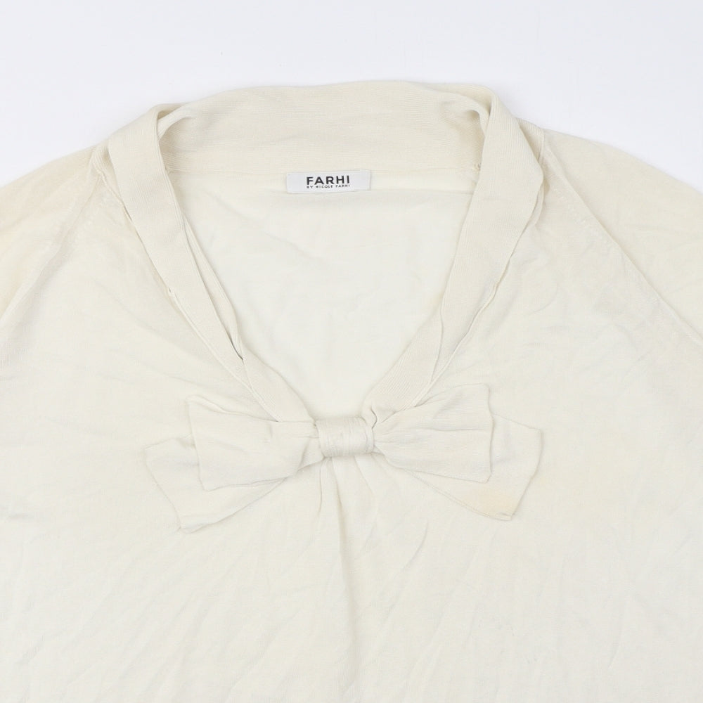 NICOLE FARHI Womens Ivory Viscose Basic Blouse Size M V-Neck - Bow Detail, Sheer