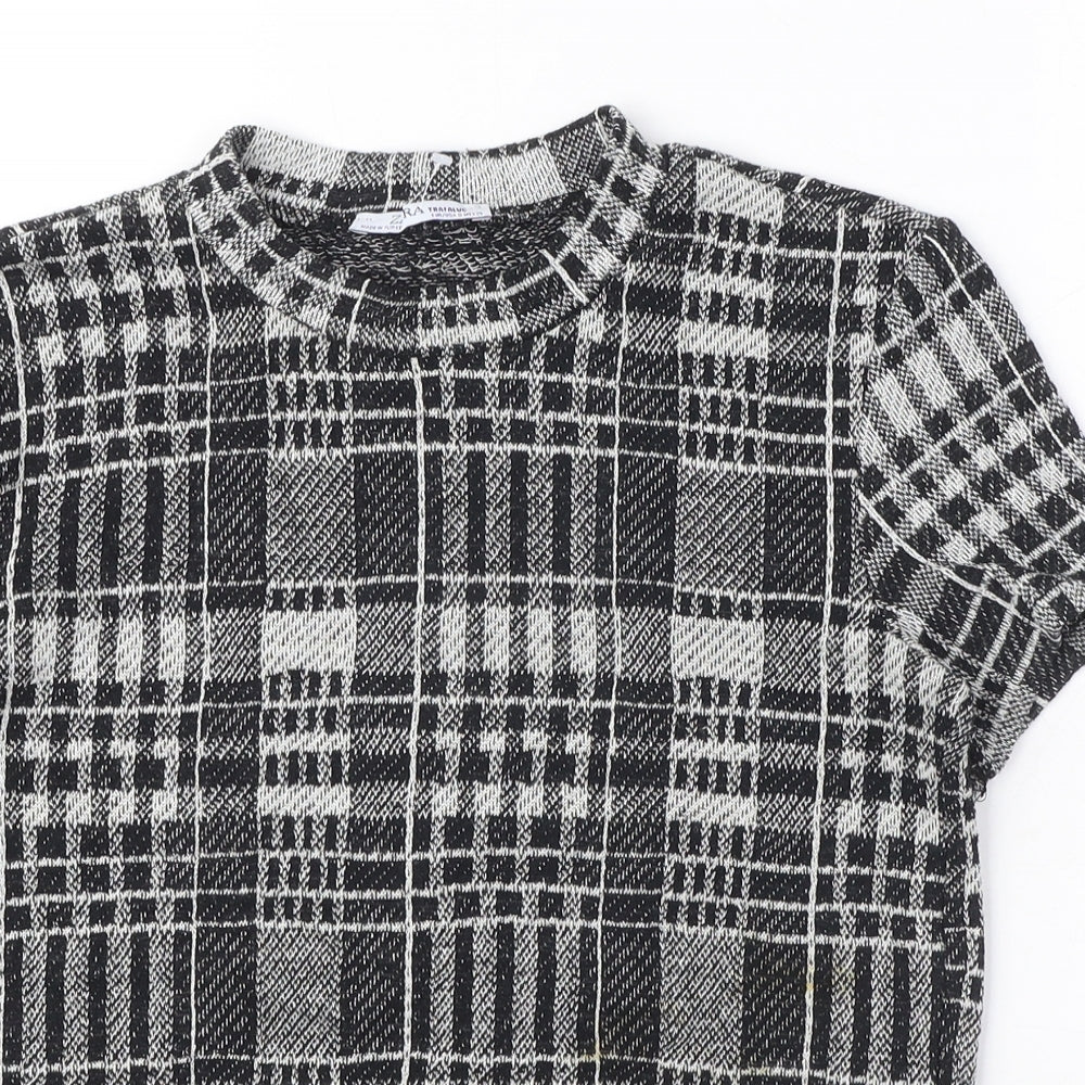 Zara Womens Black Plaid Polyester Basic T-Shirt Size S Round Neck