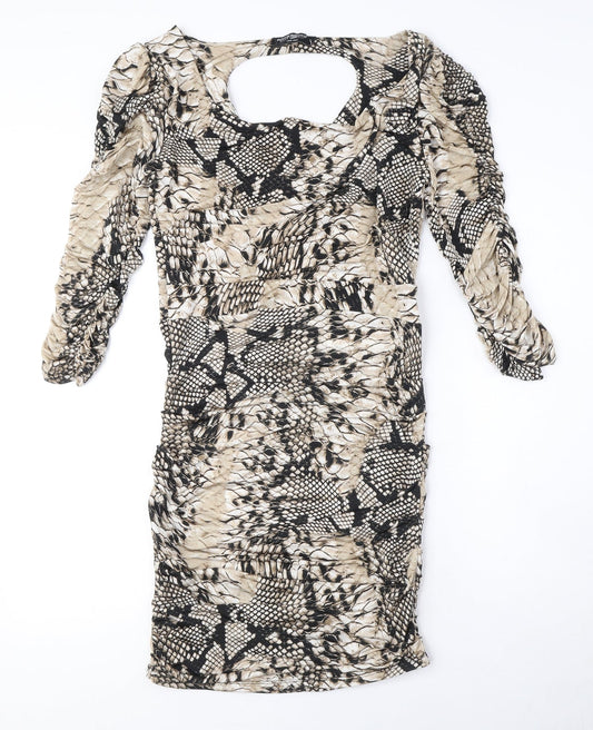 Rinascimento Womens Beige Animal Print Polyester Bodycon Size XL Boat Neck Pullover - Snake Print, Ruched, Cut out detail