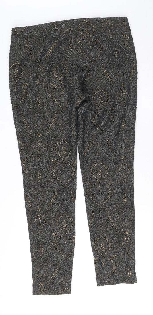 NEXT Womens Grey Geometric Polyester Trousers Size 10 L27 in Regular Zip - Gold Detail