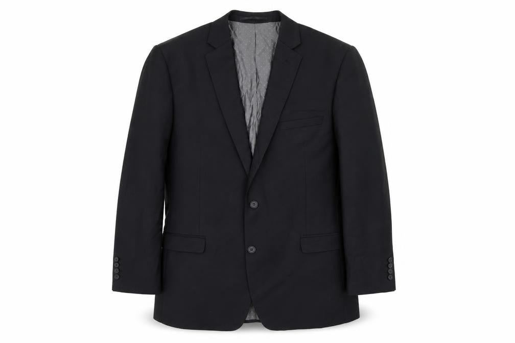 Front view of French Connection men’s black wool jacket suit jacket, size 42, regular