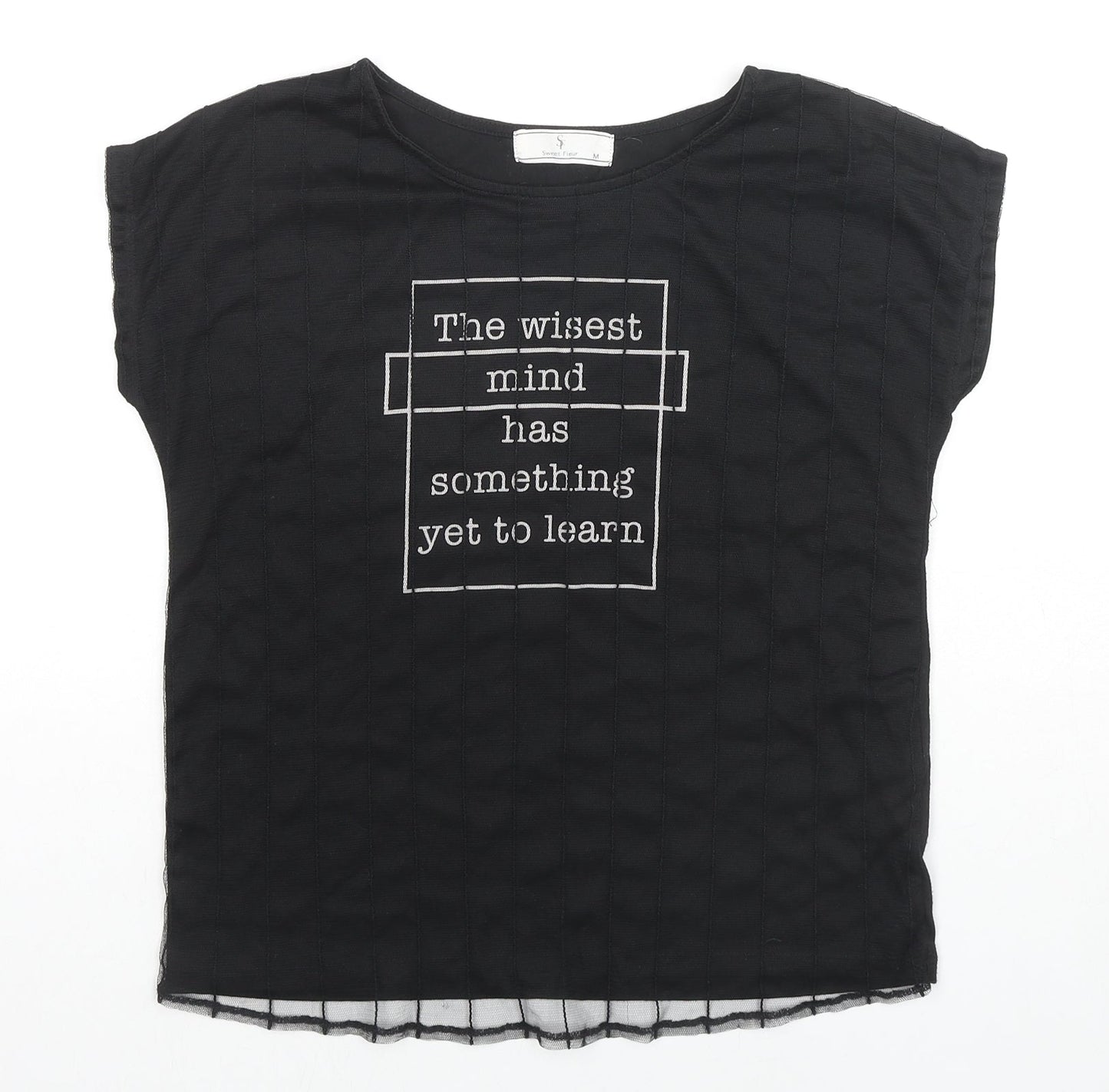 Sweet Fleur Womens Black Cotton Basic T-Shirt Size M Round Neck - Wisest Mind Has Something To Learn, Mesh Front