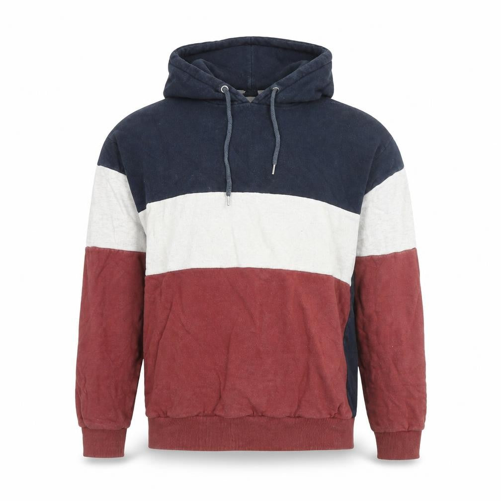 Front view of ASOS men’s multicoloured cotton pullover hoodie, size XS, - colourblock pattern