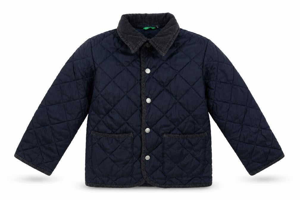 Front view of United Colors of Benetton boys’ blue quilted jacket, size 4, years snap