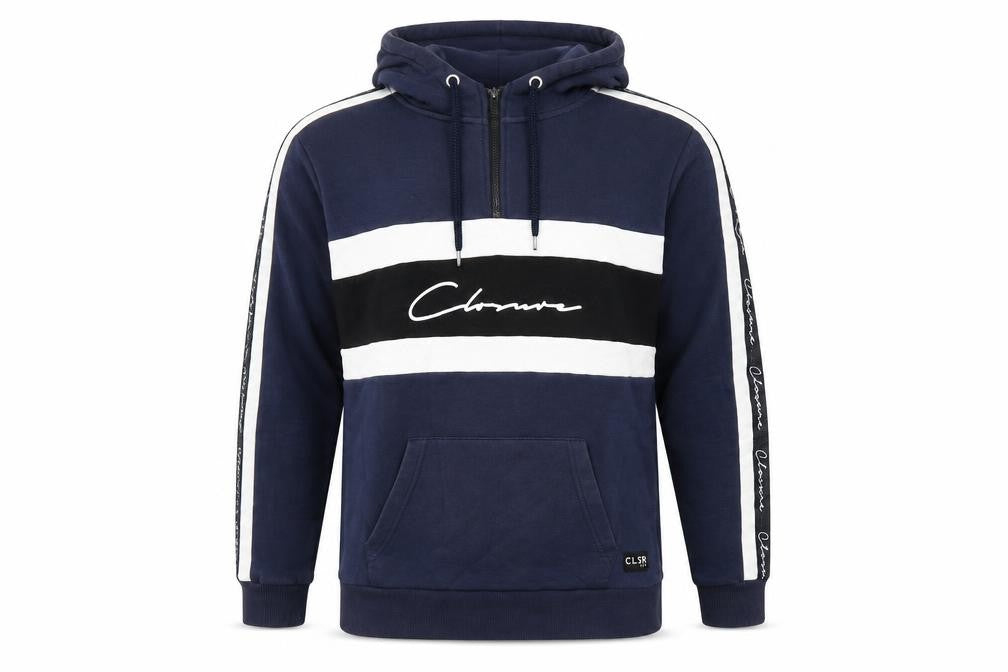 Front view of Closure men’s blue cotton pullover hoodie, size M