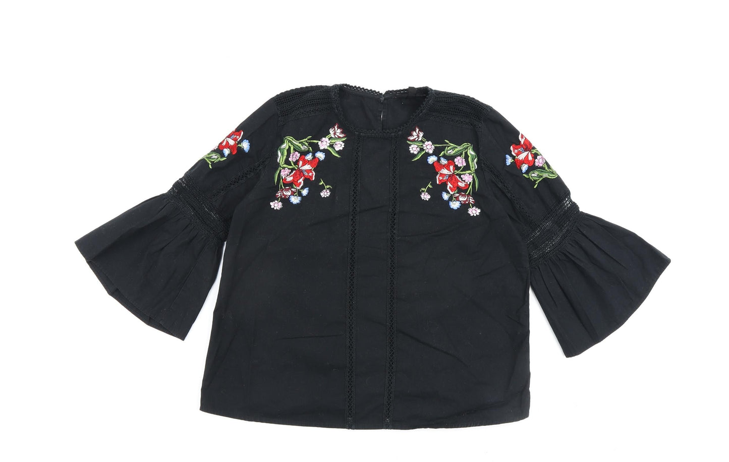 Topshop Womens Black Floral 100% Cotton Basic Blouse Size 8 Round Neck