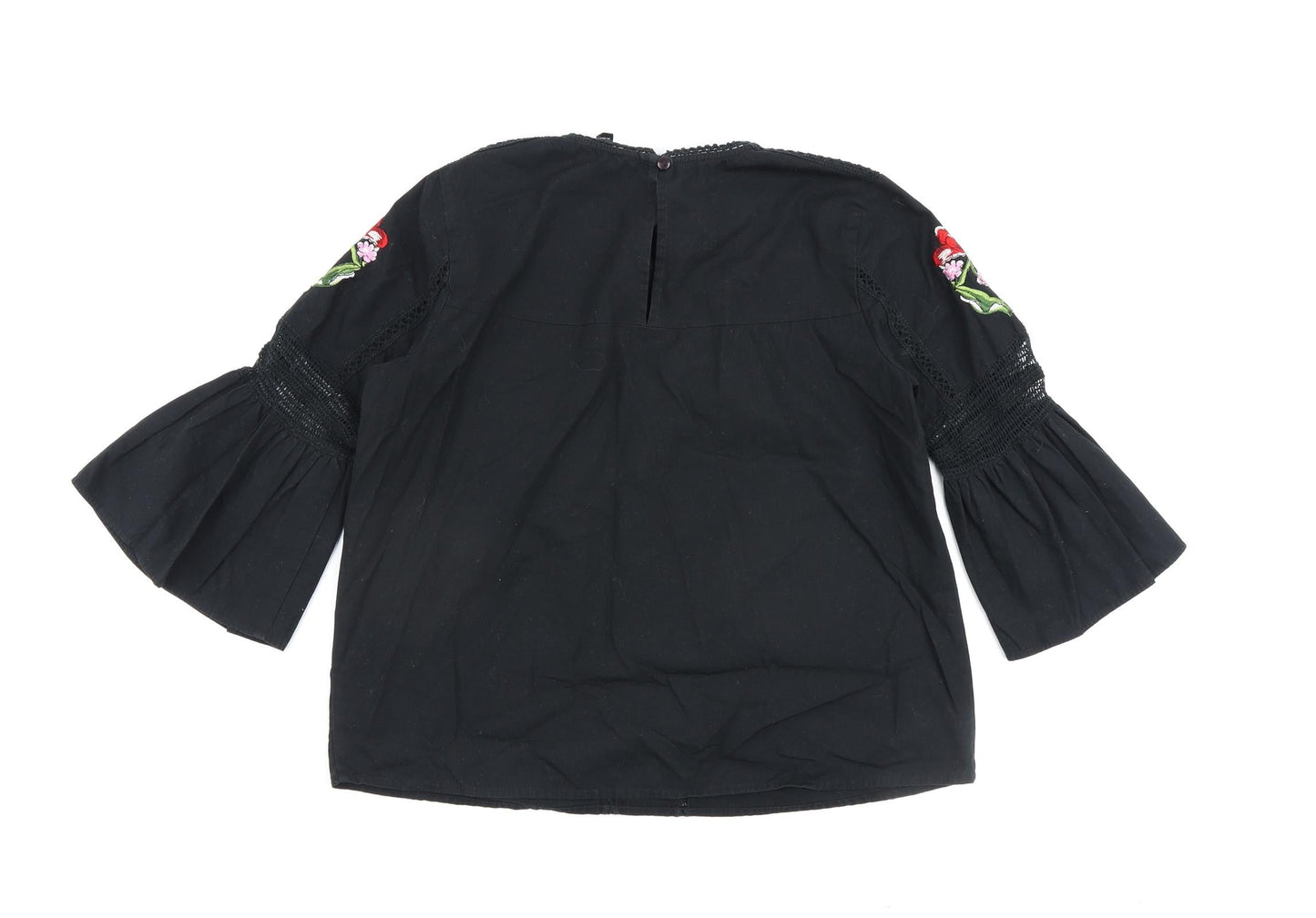 Topshop Womens Black Floral 100% Cotton Basic Blouse Size 8 Round Neck