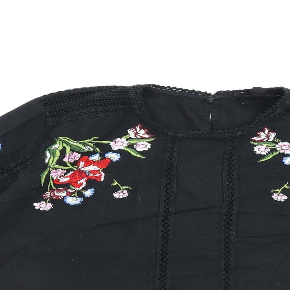 Topshop Womens Black Floral 100% Cotton Basic Blouse Size 8 Round Neck
