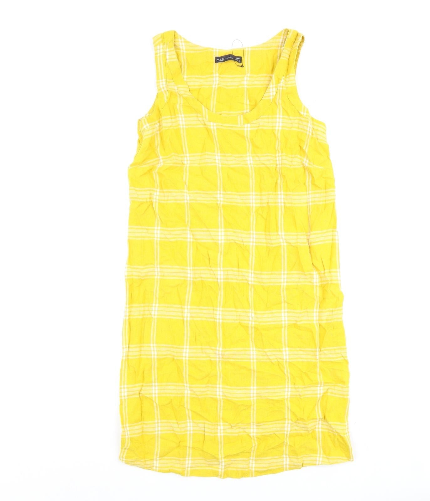 Marks and Spencer Womens Yellow Check Flax A-Line Size 8 Round Neck Pullover