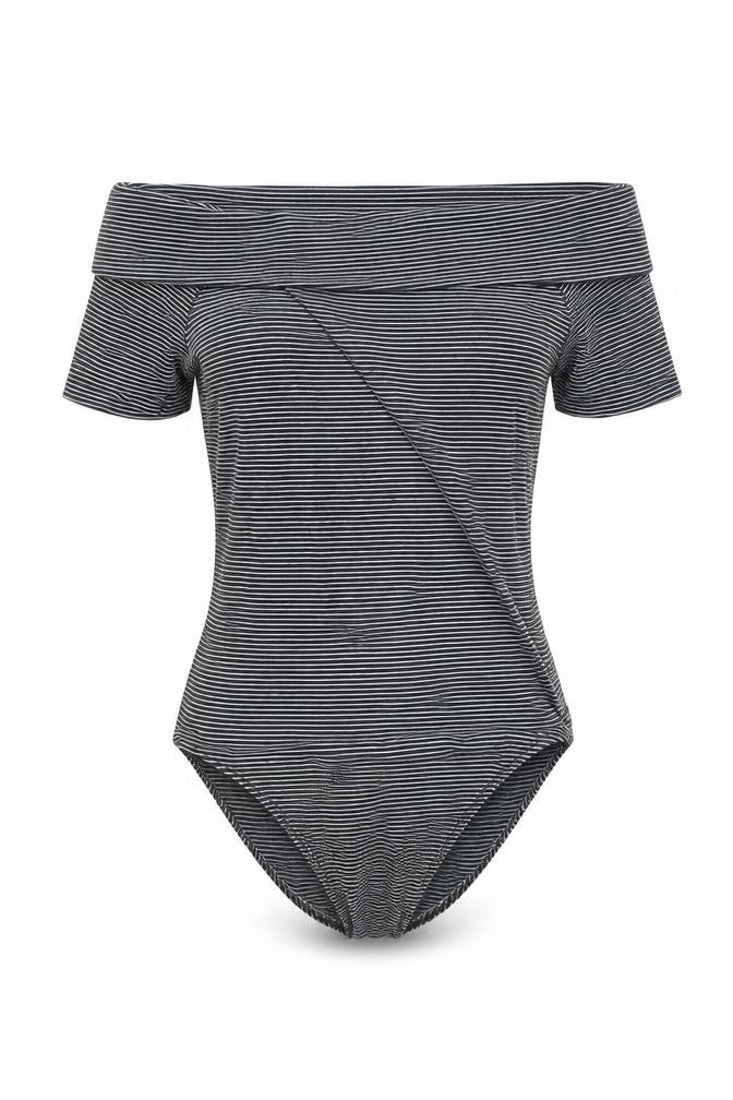 Front view of Miss Selfridge women’s black striped cotton bodysuit one-piece, size UK 8, snap