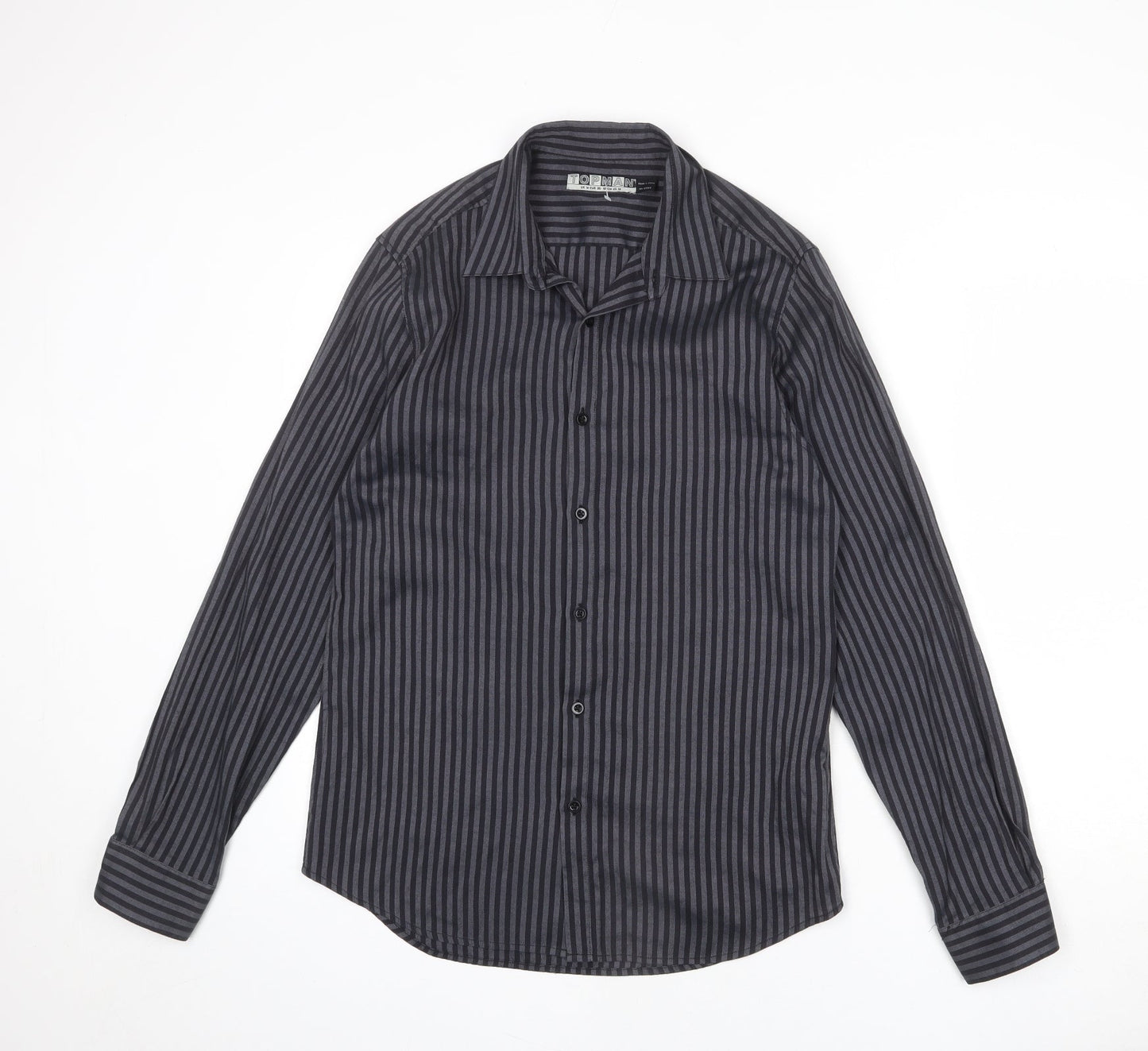 Topman Mens Grey Striped Cotton Button-Up Size M Collared Button
