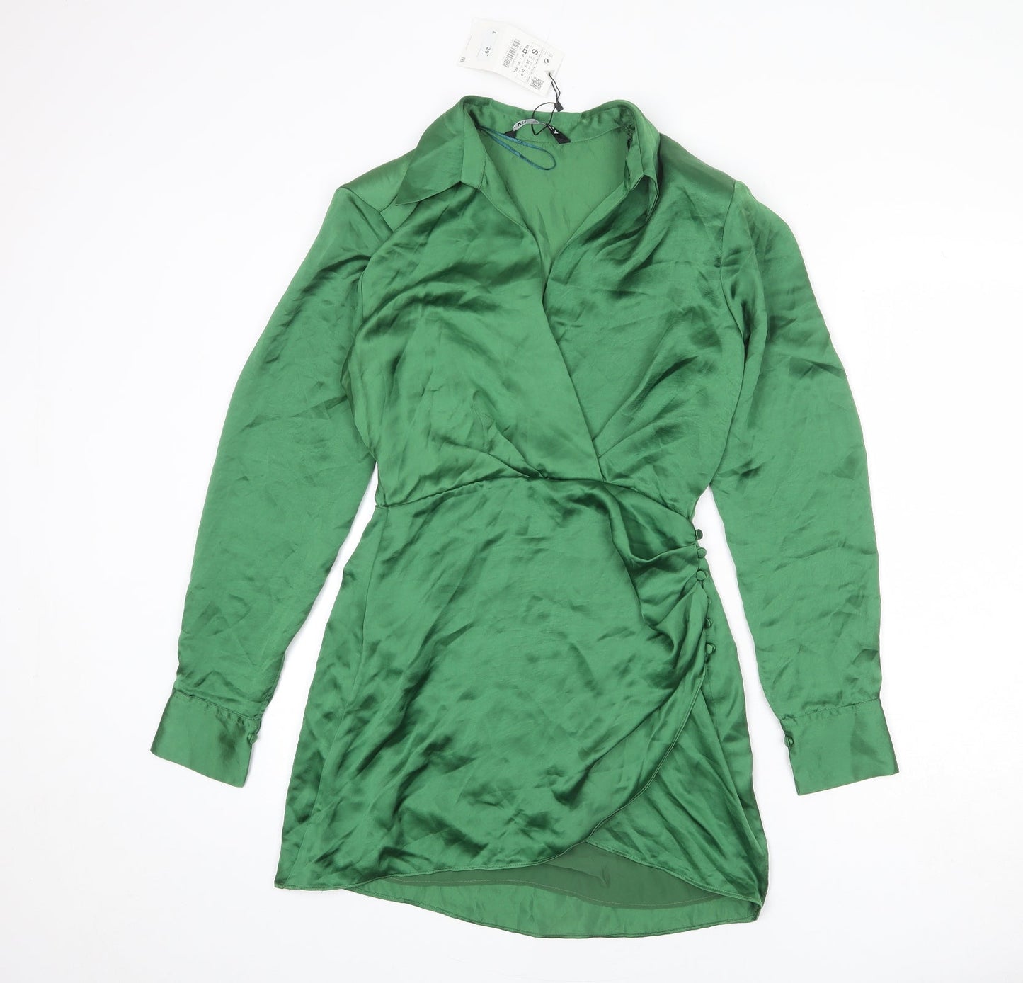Zara Womens Green Polyester Shirt Dress Size S Collared Zip