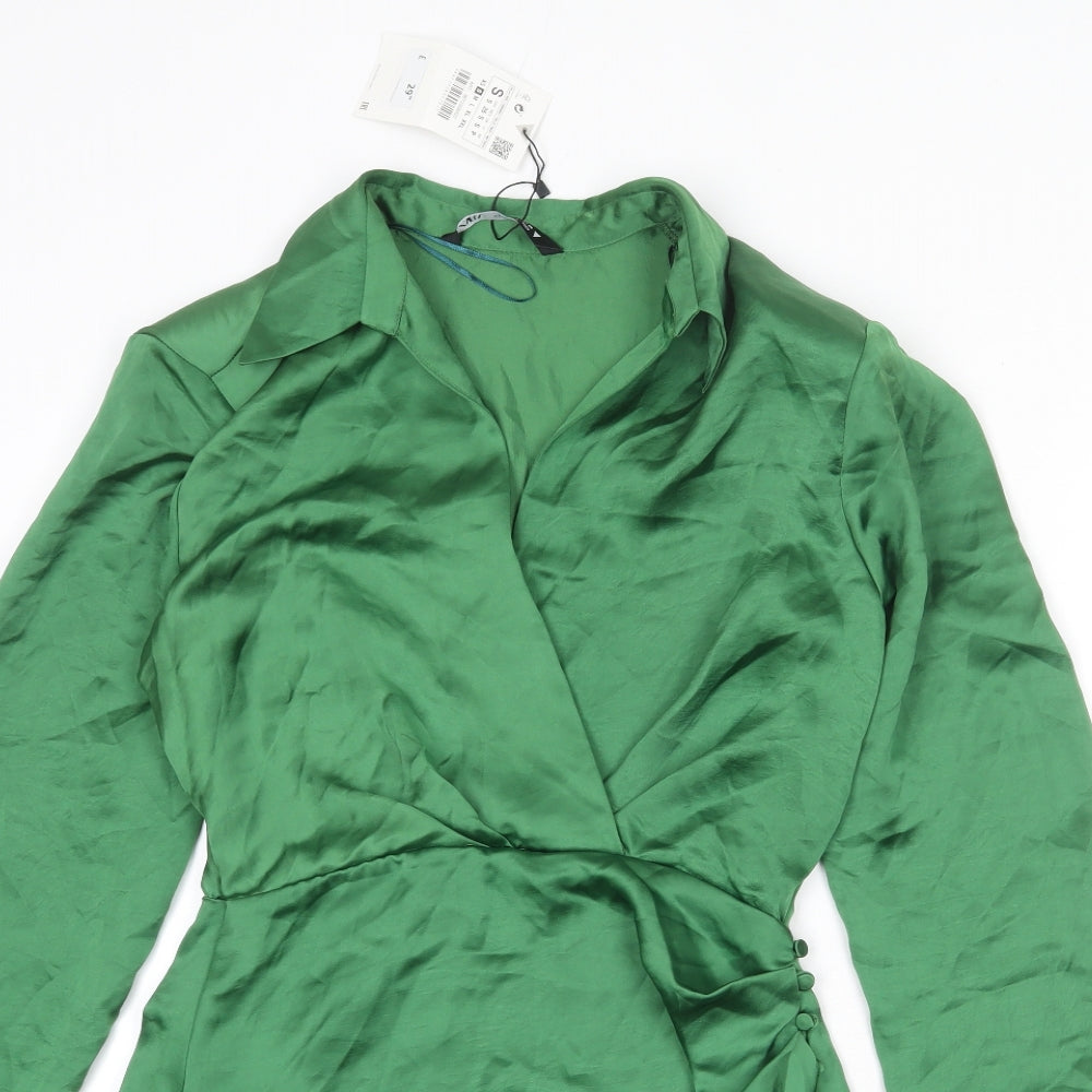 Zara Womens Green Polyester Shirt Dress Size S Collared Zip