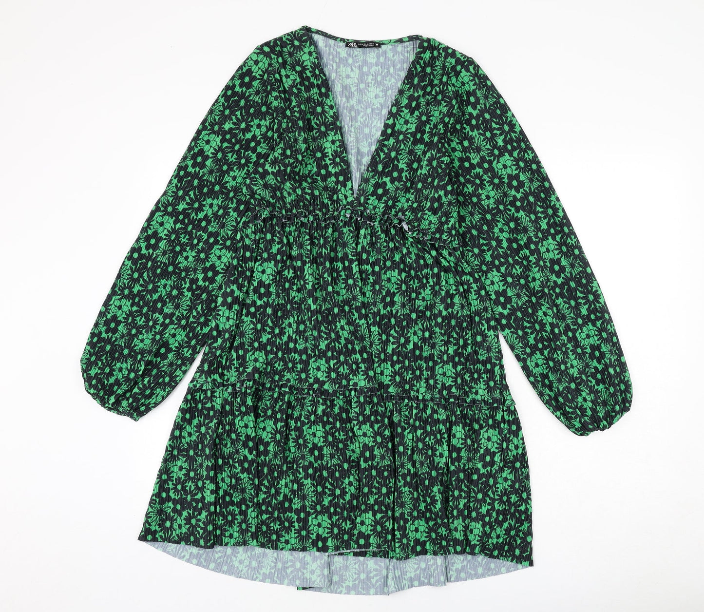 Zara Womens Green Floral Polyester A-Line Size M V-Neck Pullover
