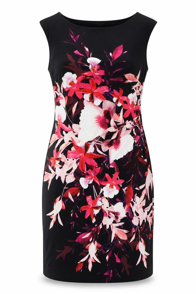 Front view of Roman women’s black polyester sheath, size UK 12, boat neck pullover - flower graphic print