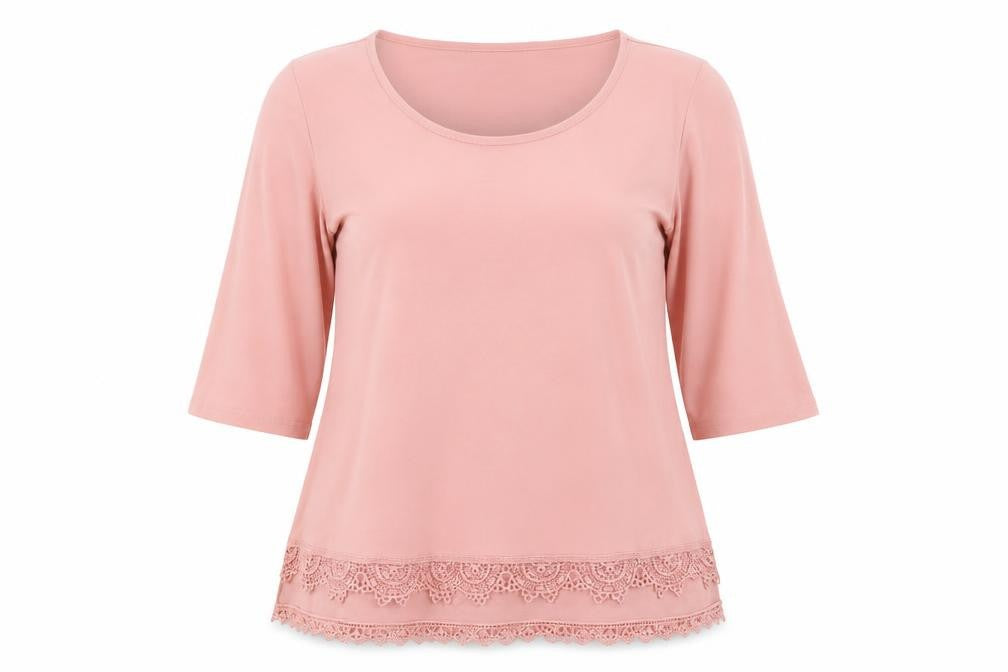 Nina Leonard Womens Pink Polyamide Basic T-Shirt Size M Scoop Neck - Lace Trim