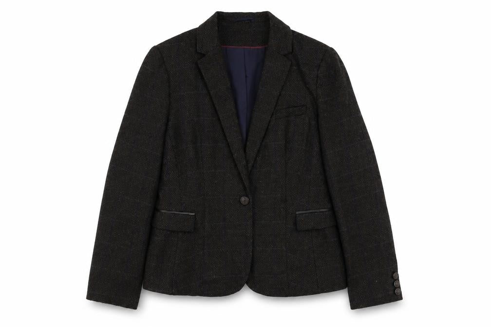 Front view of Dunnes women’s brown plaid polyester jacket suit jacket, size UK 16