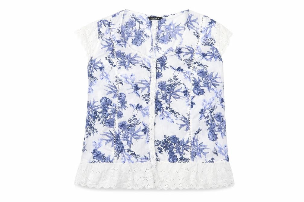 Roman Womens Blue Floral Cotton Basic Button-Up Size 12 Scoop Neck - Embroided