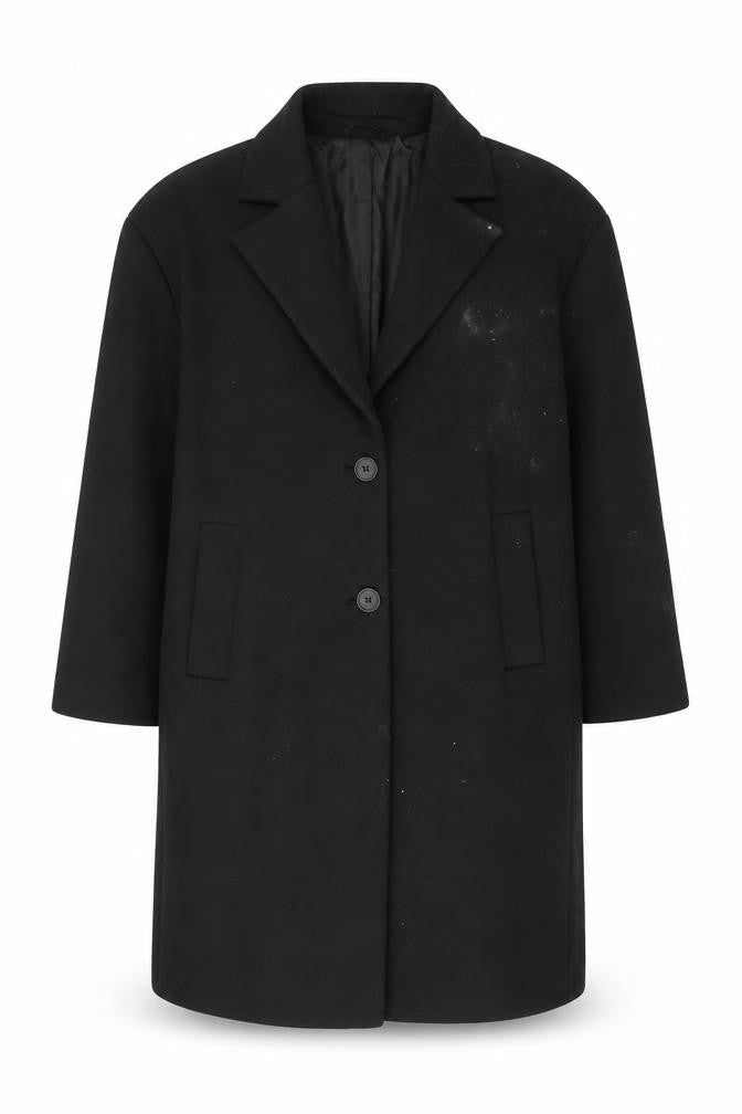 Front view of ASOS women’s black overcoat coat, size UK 18, button - pockets