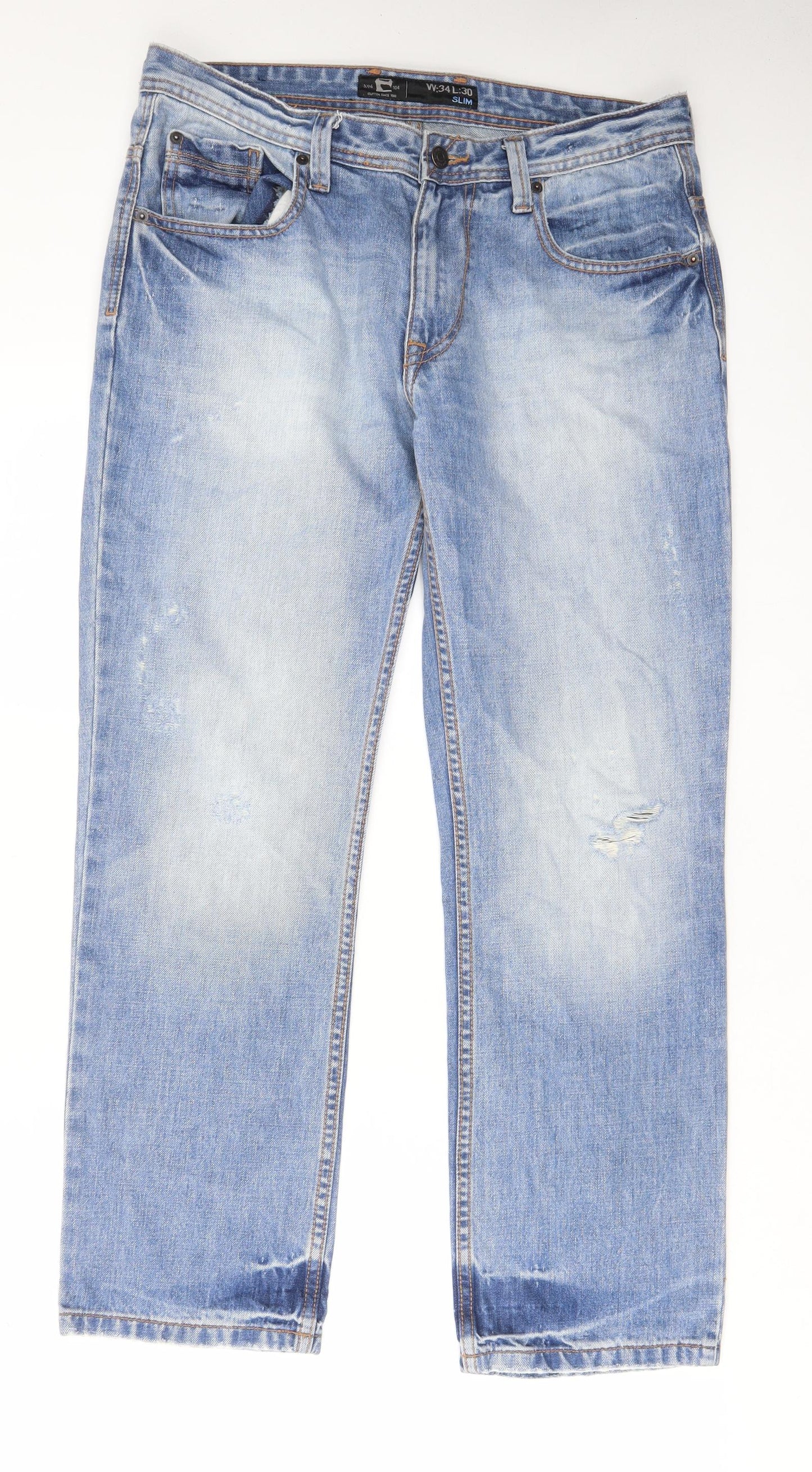 Burton Mens Blue Cotton Straight Jeans Size 34 in L30 in Slim Zip - Short leg, Pockets