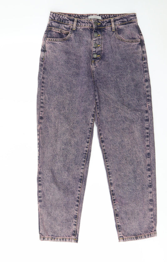 Stradivarius Womens Blue Cotton Straight Jeans Size 10 L25 in Regular Button - Pink acid wash, Pockets