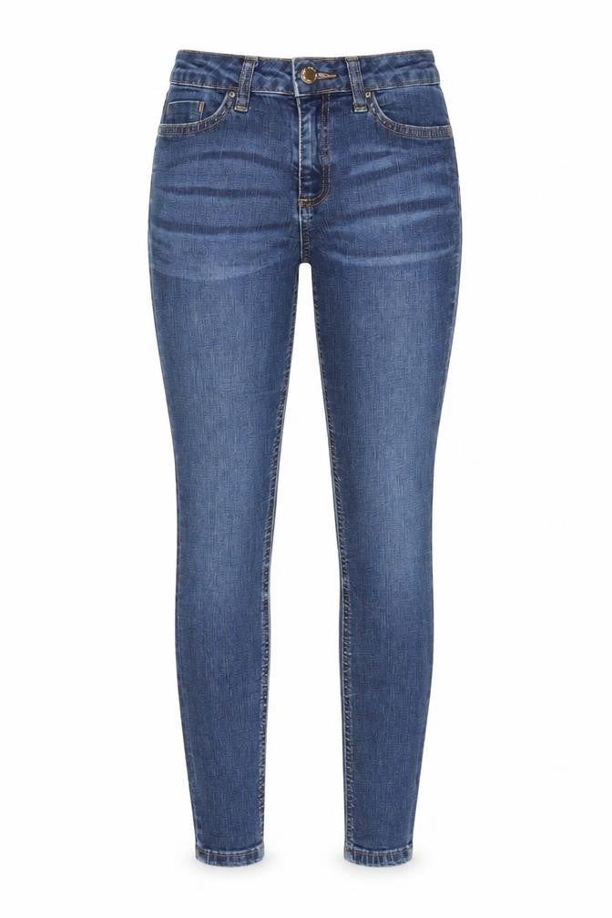 Front view of Miss Selfridge women’s blue cotton skinny jeans, size UK 6, 30-inch leg regular zip - pockets, belt loops