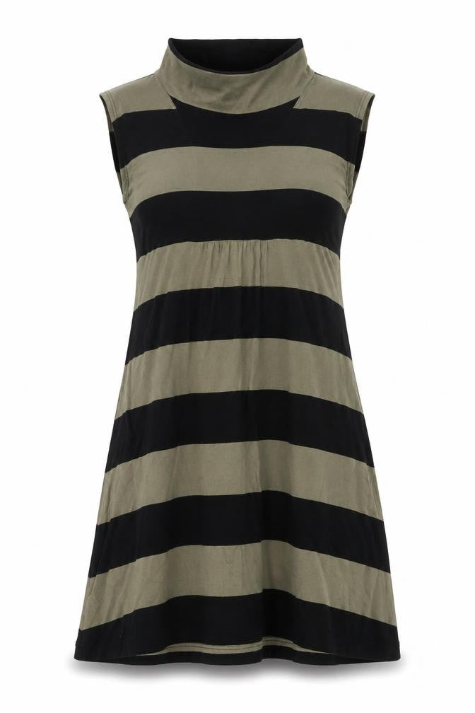 The Masai Womens Green Striped Viscose A-Line Size L Mock Neck Pullover - Pockets