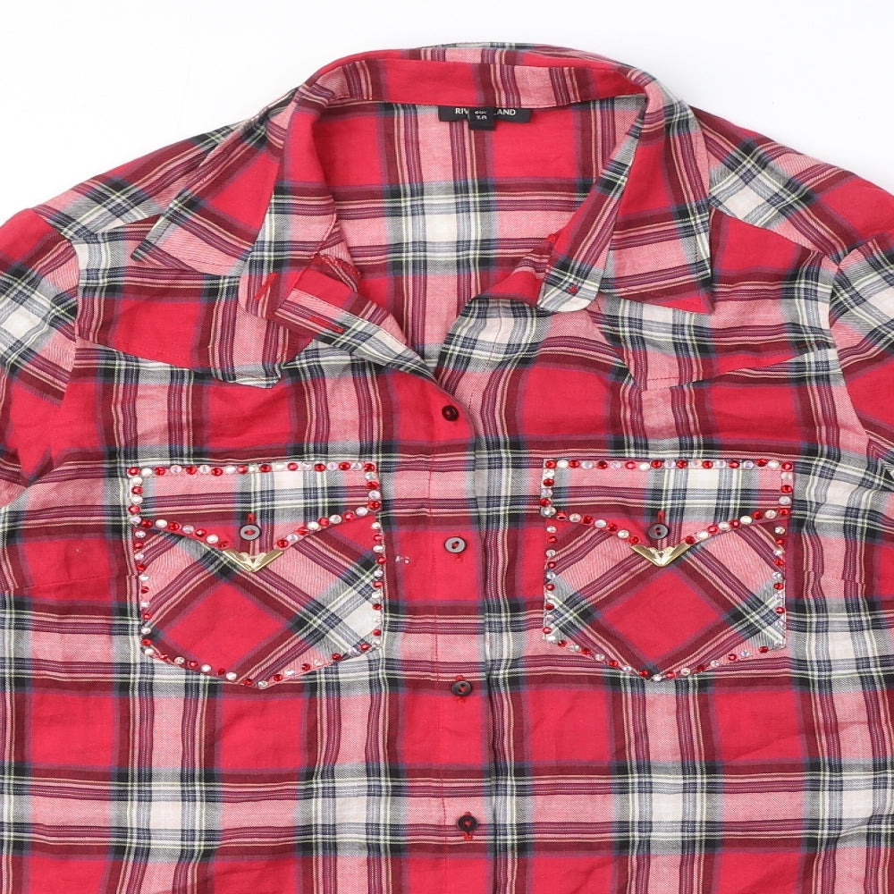 River Island Womens Red Plaid 100% Cotton Basic Button-Up Size 12 Collared - Embellished Pockets