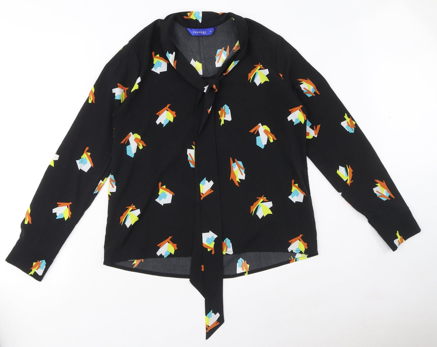ynonyme Womens Black Geometric Polyester Basic Blouse Size S V-Neck - Tie Detail