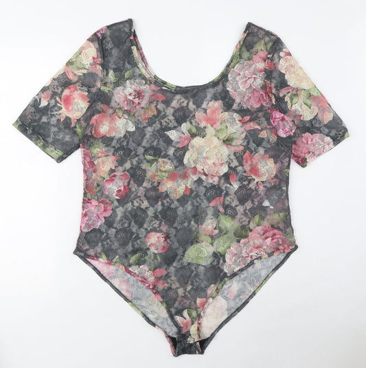 South Womens Grey Floral Polyester Bodysuit One-Piece Size 16 Snap