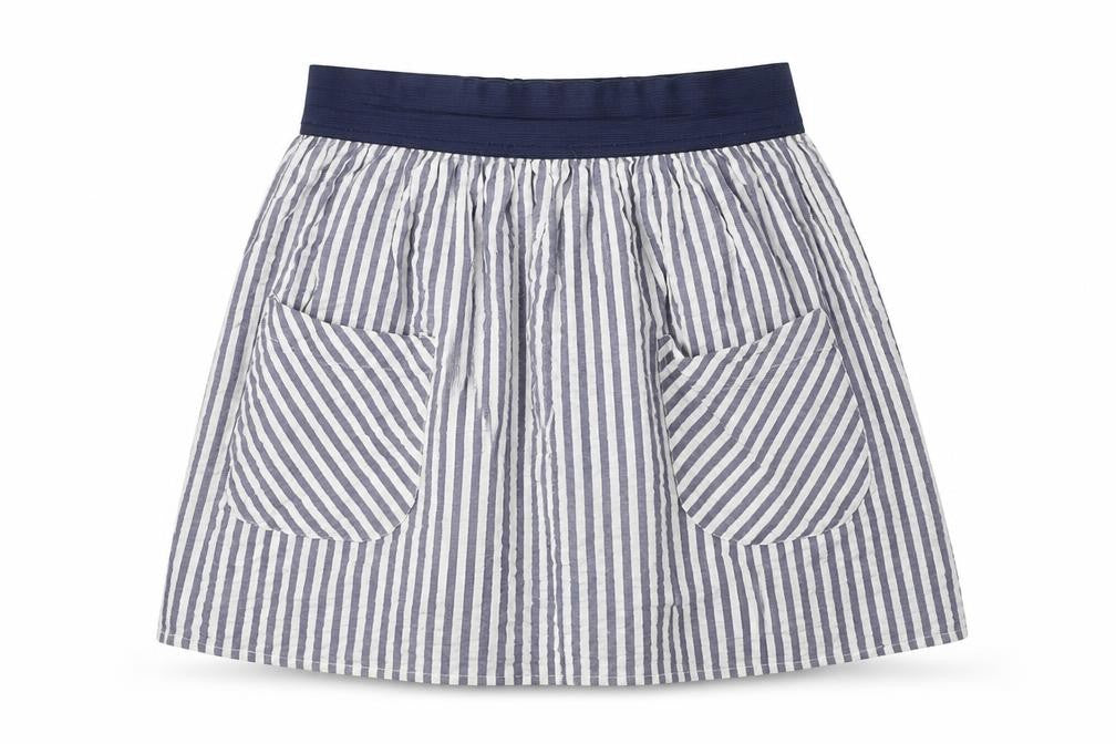 Front view of BDG women’s blue striped polyester a-line skirt, size S, - pockets