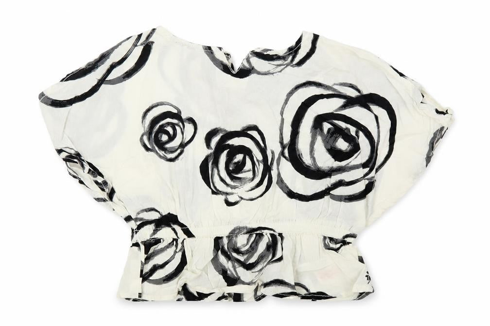 Front view of Gap girls’ ivory floral cotton pullover blouse, size 18-24, months round neck button