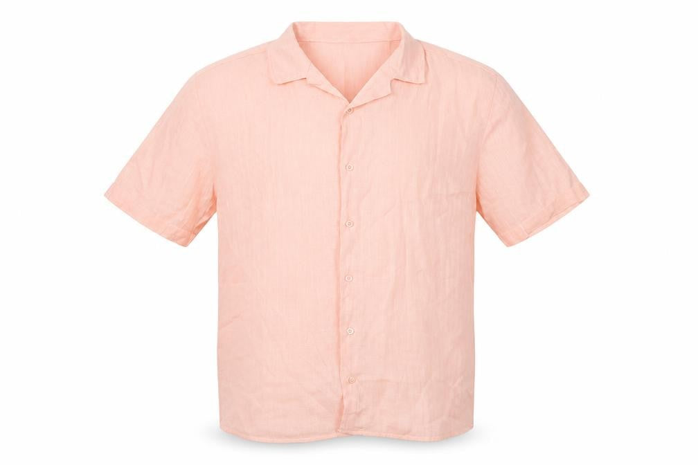 Front view of boohooMAN men’s pink viscose button-up, size L, collared button