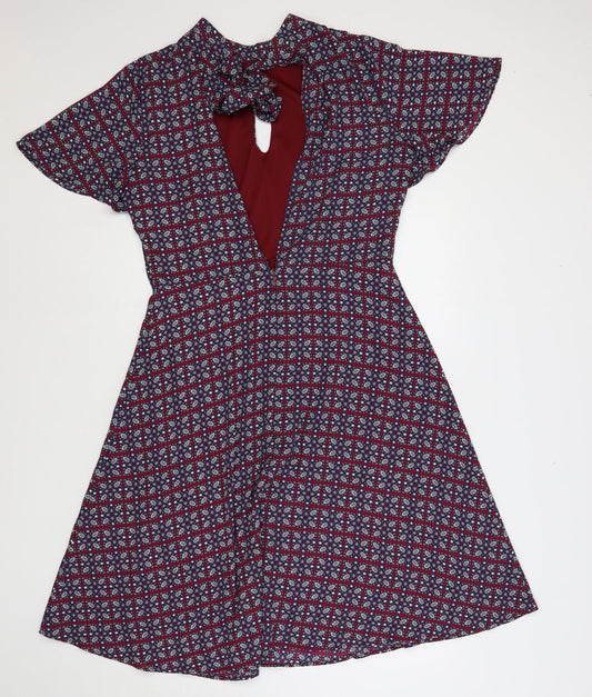 JustFab Womens Red Geometric Polyester A-Line Size XL Mock Neck Zip - Open Back