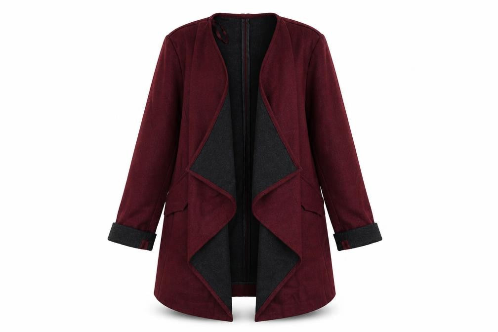 Front view of Red Herring women’s red overcoat coat, size UK 12, - waterfall front