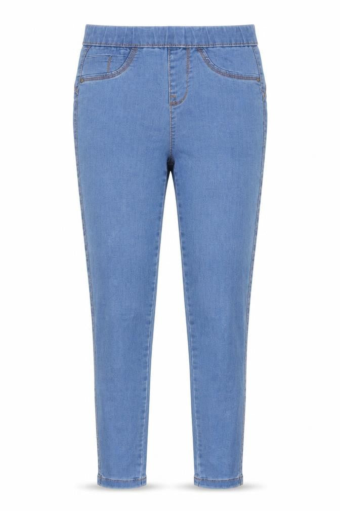 Front view of Denim & Co. women’s blue cotton jegging jeans, size UK 8, 26-inch leg relaxed